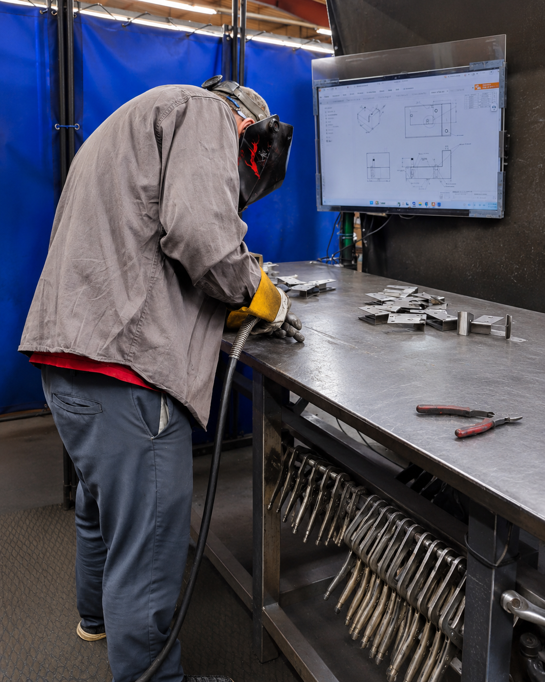 Fabricator welding hydraulic components at a workbench